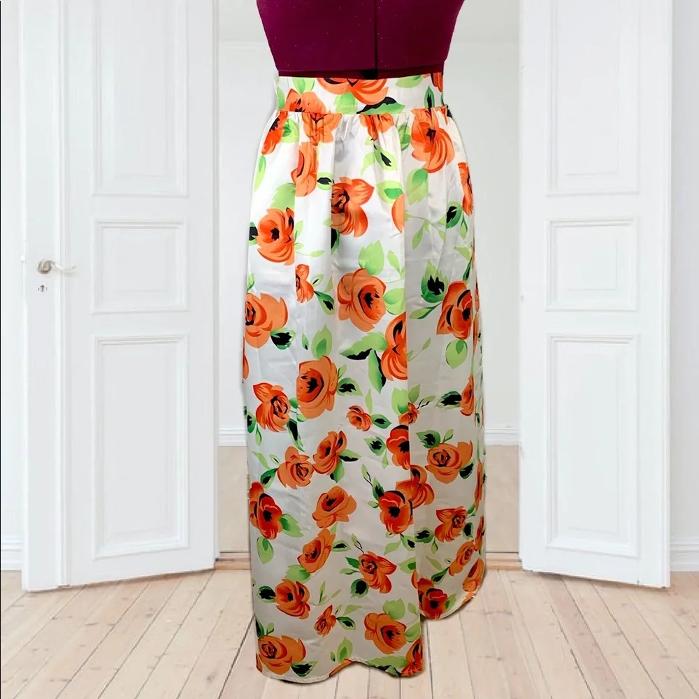 White Orange Flower African Print Floral Maxi Skirt Women's Size XL - Picture 3 of 9